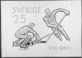 Frimärksförlaga till frimärket VM i ishockey, utgivet 15/2 1963. 1963 års VM i ishockey spelades i Stockholm.
Förslagsteckningar utförda av konstnären Georg Lagerstedt (1892 - ). Förslag 9. Tuschteckning. Valör 25 öre.