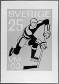 Frimärksförlaga till frimärket VM i ishockey, utgivet 15/2 1963. 1963 års VM i ishockey spelades i Stockholm.
Förslagsteckningar utförda av konstnären Georg Lagerstedt (1892 - ). Förslag 11. Tusch och gouache. Valör 25 öre.