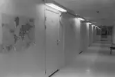 Dokumentation av Sagåsens flyktingförläggning 1992. En lång korridor med stängda dörrar. En världskarta hänger på vänsterväggen och lite längre ner i korridoren står en stol utefter en vägg.