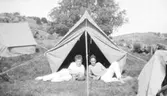 Helmer Garthmans kompisar Ville Nilsson och Bobby Semanehofra tältar. Fjärås Bräcka, 1940-tal.