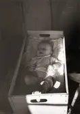 Lille Jerry Garthman ligger i en tvättkorg på Barnhemsgatan 21 år 1956.