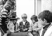 En fröken och fyra pojkar står samlade runt en behållare. Holtermanska daghemmet juni 1974.