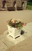 Ett blomställ står på grusplanen utanför Gunnebo slott, juli 1991.