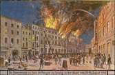 Hotell de pologne i Leipzig står i brand. 29-30 augusti 1846. Vykort.  Tecknat motiv. Privata bilder från brandchefen för Sundsvalls brandkår Gustaf Hellgren och hans familj.