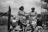 Praktikant Margit Emilsson (gift Wannerberg -52) och en lärare står utomhus tillsammans med fyra barn vid Krokslätts daghem. 
Under Margits praktik som biträde 1945-10-01 - 1946-08-01.