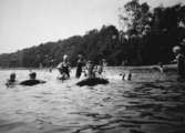 Vuxna och barn badar tillsammans, troligtvis i Tulebosjön cirka 1930.
