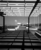 H55 Helsingborgsutställningen
Exteriör, Pergolan. Alnarps Växtförädlingsanstalt med ribbtak som bildar skuggor, Bar 55 i fonden.