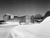 Ladugård, Strömsberg
Exteriör, ladugård för biffkor. Byggnad med välvd takkonstruktion, snötäcke i förgrunden