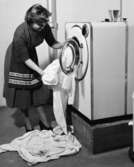 tvättstuga, tvättmaskiner
Interiör, tvättstuga i Stureby med tvättande kvinna