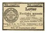 Annons för Nordiska museets lotterier, 1886. 