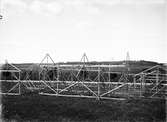 Modeller av friluftsmuseet Disagårdens byggnader utplacerade på plats i Gamla Uppsala år 1928