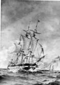 Fregatten Eugenie till segels, målning av Hägg. Reproduktion