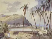 Motiv från Gustavia på Saint-Barthélemy. Akvarell av Anton Molander (1829–1908).