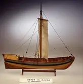 Modell av mälarjakt från 1700-talet, byggd av Stefan Bruhn i Sjöhistoriska museets modellverkstad.