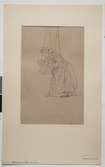 Blyertsskiss. En kvinna i helfigur och profil, står lutad över en hängande vagga av spån.  J.W. Wallander.