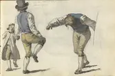 Akvarell. Dräktskiss, mansdräkt. Tre män i folkdräkt. Två dansar. Akarell ur skissbok ur Johan Gustaf Sandbergs arkiv, Nordiska museet  INV.NR: NM.0080508.