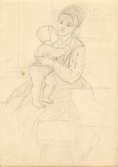 Blyertsskiss. Kvinna med barn i knät. Bastberget. Ur Skissbok av A. J.G. Virgin