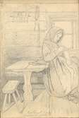 Blyertsskiss. Interiör. Bastberget 13/6 Mockfjärds fäbod. En kvinna sitter invid ett fönster och handarbetar. Ur Skissbok av A. J.G. Virgin