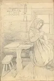 Blyertsskiss. Interiör. Bastberget 13/6 Mockfjärds fäbod. En kvinna sitter invid ett fönster och handarbetar. Ur Skissbok av A. J.G. Virgin