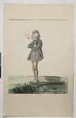 Akvarellerad teckning av man med pipa. Skåne, 1830.