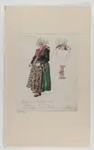 Akvarellerad handteckning av J W Wallander. Kvinnodräkt från Järna, Dalarna. Text: 