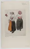 Akvarellerad handteckning av J W Wallander. Kvinnodräkt från Gagnef, Dalarna. 