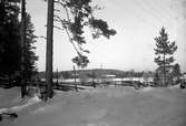 Snödrivor ligger höga utmed en gärdesgård i skogsbrynet. I bakgrunden bakom fälten syns en gård.