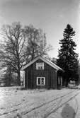 Ett litet hus ligger bredvid stora träd, i förgrunden ett snöigt fält.