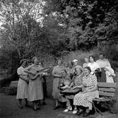 Vätterstugans sångkör. Strängspelande damer från stugföreningen samlade nedanför Vätterstugans sommarhem i närheten av Vista kulle.