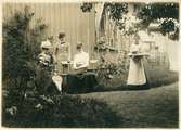 Från Berggrens trädgård på Kronogatan 7 i Vänersborg på 1890-talet. Kaffebrickan kommer. Josephine Berggren, Ellen Petreson (sittande), mellan dem Lilly Berggren.