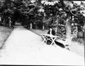 Nääs. Sophie Elkan sittande i parken sensommaren 1914