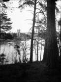 Utsikt mot Wargön AB. Tornet på västra älvstranden har tillhört träsliperiet som brann ner 1918. Hängbron revs på 1930-talet.
Foto eft. 1918.