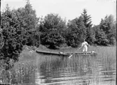 Kvinna i roddbåt.