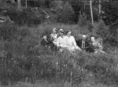 Sju personer sitter i skogen.