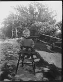 Allan Eriksson, Hjärtum 1913-03-21, på pinnstole i trädgården i Brevik. En höna finns också med på bilden..