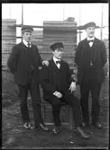 Karl Johansson, Hjärtum 1888-05-14, Olof Jonsson, Hjärtum 1882-11-15, Abraham Jonsson, Hjärtum 1875-01-13, poserar i finkläder på Trettondagen 1909 framför timret till ny ladugård på Arnstorp som laftats upp innan den skall monteras på sin rätta plats.