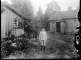 Sven, Hjärtum 1915-05-14, finklädd för att börja skolan. På bilden syns också grönsakslandet med kål och fruktträd.
