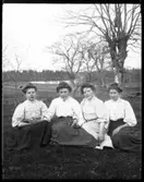 Pingstdagen 1910 i trädgården på Torpet (Arnstorp) med Öresjö i bakgrunden. Gerda Johansson, Hjärtum 1893-10-15, Beda Björn, Bäve 1892-12-20, Anna Johansson, Hjärtum 1891-01-05, Olga Olsson, Forshälla 1891-05-12.