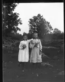Alice Prim och Gerda Johansson, Hjärtum 1893-10-15. Bilden tagen i Brevik med skyhag och stengärdesgård i bakgrunden.