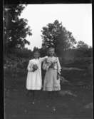 Alice Prim och Gerda Johansson, Hjärtum 1893-10-15. Bilden tagen i Brevik med skyhag och stengärdesgård i bakgrunden.