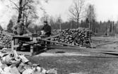 Gustav och Ivar Johansson Kärrabo, kapar ved.
Foto: Gustav Johansson ca 1950.
