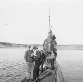 U-båten Gäddan. Längst fram till vänster Hmb Göran Teilmann, bakom honom MtjC Förv John Lindman, vid honom Tmä Hbm Uno Håkansson