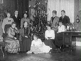 Mathilda Ranch (troligen sittande längst till vänster), Hulda Lindh, Maria Bäckström (sittande närmast granen med mörk klänning). Marias söner och sonhustrur. Varberg, kv Bagaren, Prästgatan