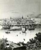 Utsikt mot Skeppsbron från Skeppsholmskyrkan, efter stick av C.J. Billmark på 1850-talet.