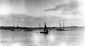 På redden en brigg, en ånglustyacht, en skonarriggad yacht och en kostrerbåt.
Foto omkring 1890.