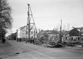 Byggnadsarbete - pålning av marken, Börjegatan, kvarteret Grim, Uppsala 1945