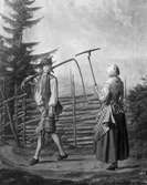 Man och kvinna, dräng och piga, klädda i folkdräkt i landskap vid gärdesgård. Kvinnan håller en kratta, mannen en lie och bär ett laggat kärl i den andra handen. Foto av målning utförd av Pehr Hilleström.
