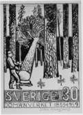 Förslagsteckning till frimärket med motiv av en skogsarbetare som just fällt en fura och som var ett av två motiv till minne av Domänverkets 100 års jubileum, 1959. Konstnär: Sven Ljungberg.