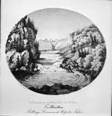 Trollhättan-Flottbergs-strömmen och Helvetesfallen. Litografi i tontryck ur album för resande å Göta kanal till Göteborg och Västerhavet 1855-1856. Plascherna signerade C V Quitzow 1855. Albumet innehåller 35 litografier varav 11 från Trollhättan.