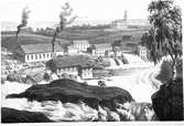 Rosendahls fabrikers A-B:s trämassefabrik. Litografi ur Sveriges industriella etablissementer del 1 1872 efter teckning av G Pabst.  Trollhättan